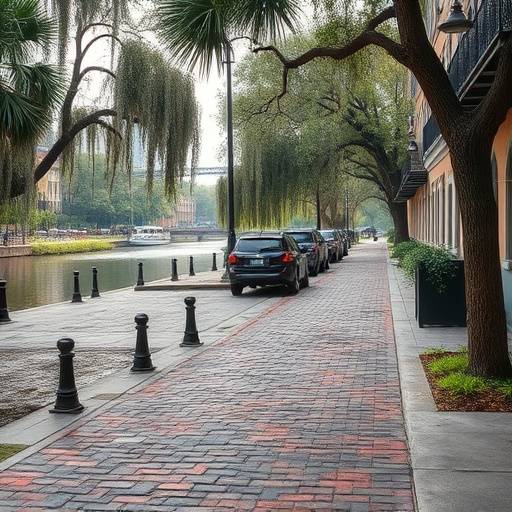 A detailed view of River Street's cobblestone path along the Savannah River.