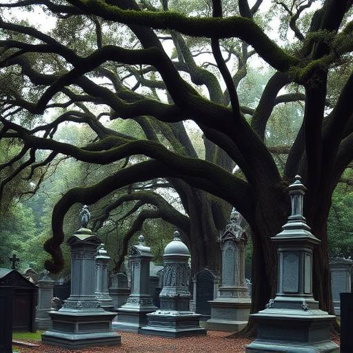 A serene photograph of Bonaventure Cemetery, showcasing its ancient oak trees and ornate tombstones.