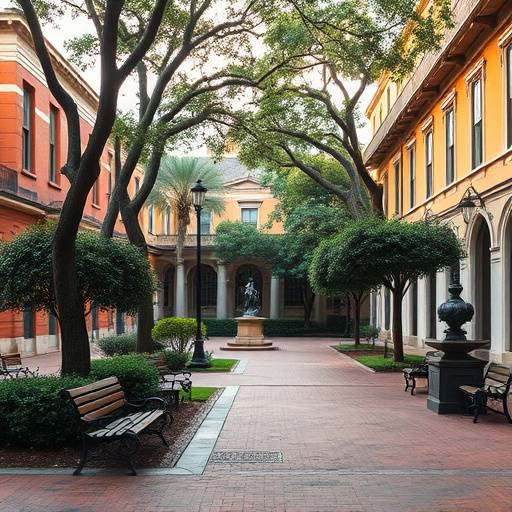 Charming view of a historic square in Savannah, showcasing the well-maintained gardens, benches, and surrounding architecture, reflecting the city's timeless elegance.