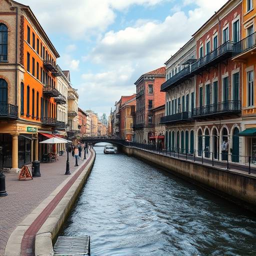 Dynamic shot of River Street showcasing the bustling waterfront with its historic buildings, cobblestone streets, and the Savannah River flowing alongside, conveying a sense of activity and history.