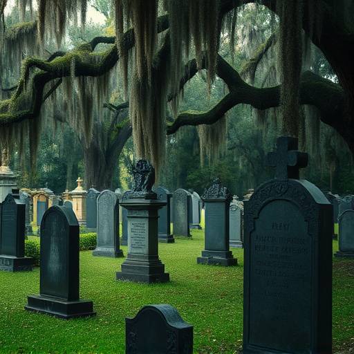 Photograph showcasing the intricate headstones and Spanish moss-draped trees of Bonaventure Cemetery, evoking a sense of history and mystery.